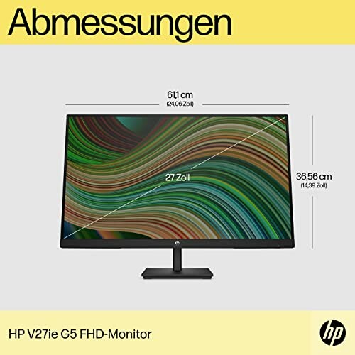 Maße des HP V27ie G5 FHD-Monitors mit 27 Zoll Bildschirm.